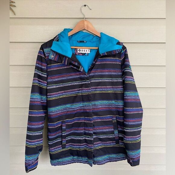 ROXY ski jacket snowboarding winter coat sz M striped rainbow hooded women’s EUC - Picture 3 of 15